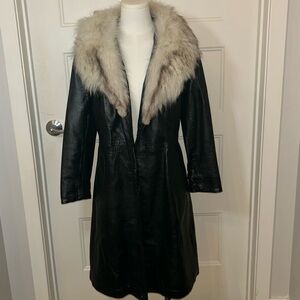 Vintage Black Leather Long Coat with Real Fur Collar | Genuine Leather XS-S